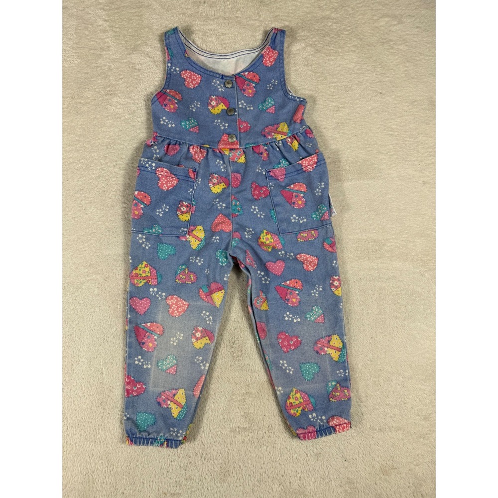 Healthtex Heart Print Jumpsuit Baby 18M Blue Good Vintage 90s Romper USA Made